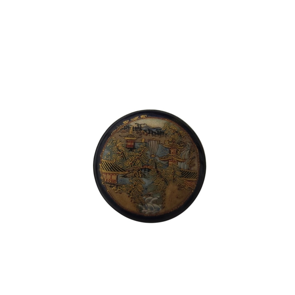 Vintage Asian Damascene Scenic Brooch Pin Pagoda Landscape Enamel Gold Tone